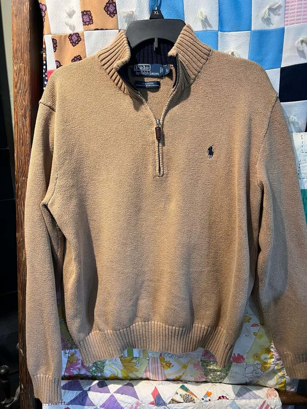 Polo by Ralph Lauren Quarter-Zip Cotton Mockneck Jumper for Men, Size L, Beige,